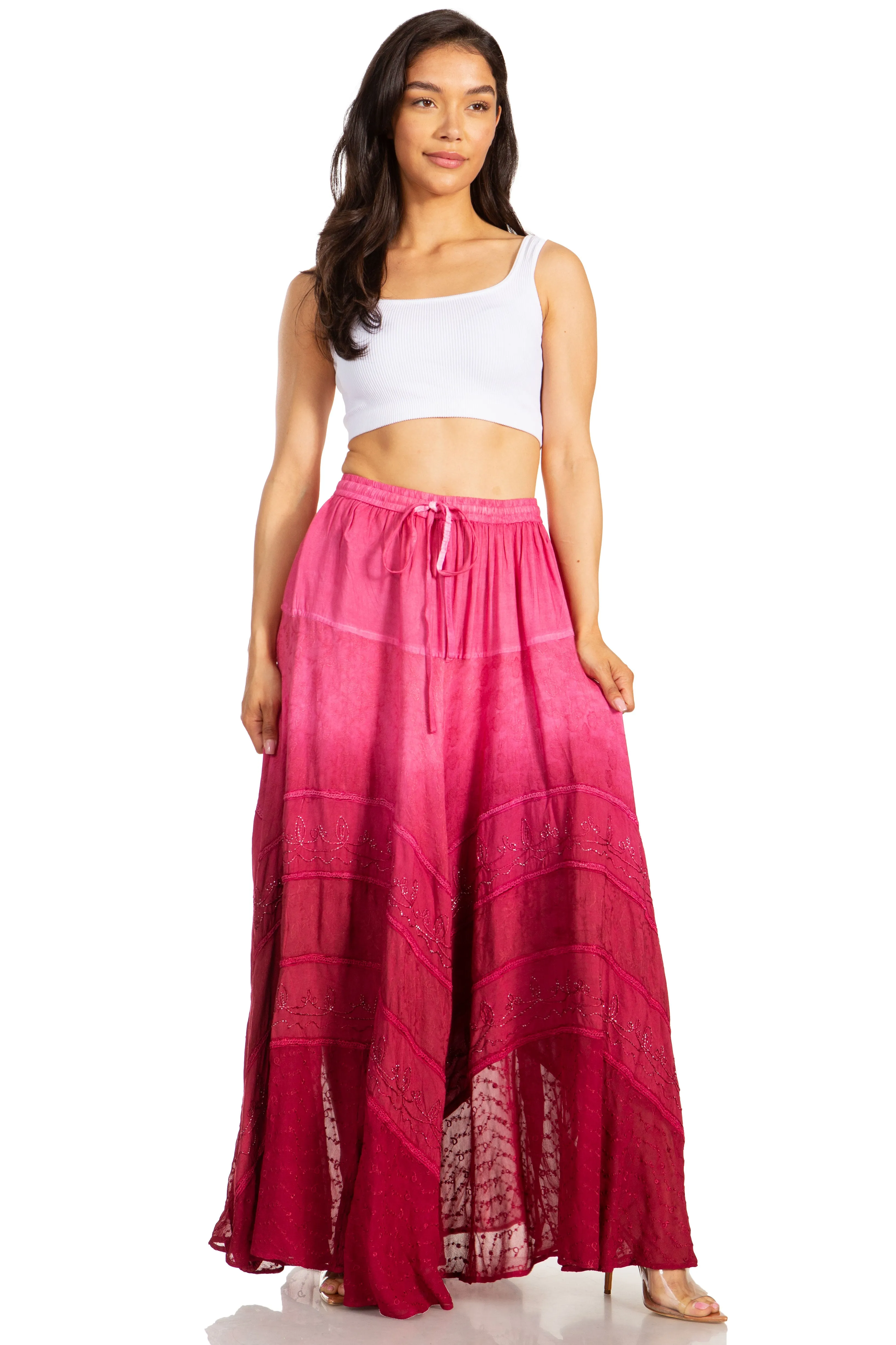 Sakkas Lyra Womens Bohemian Soft Brocade Rayon Tiered Embroidered Flowy Long Skirt