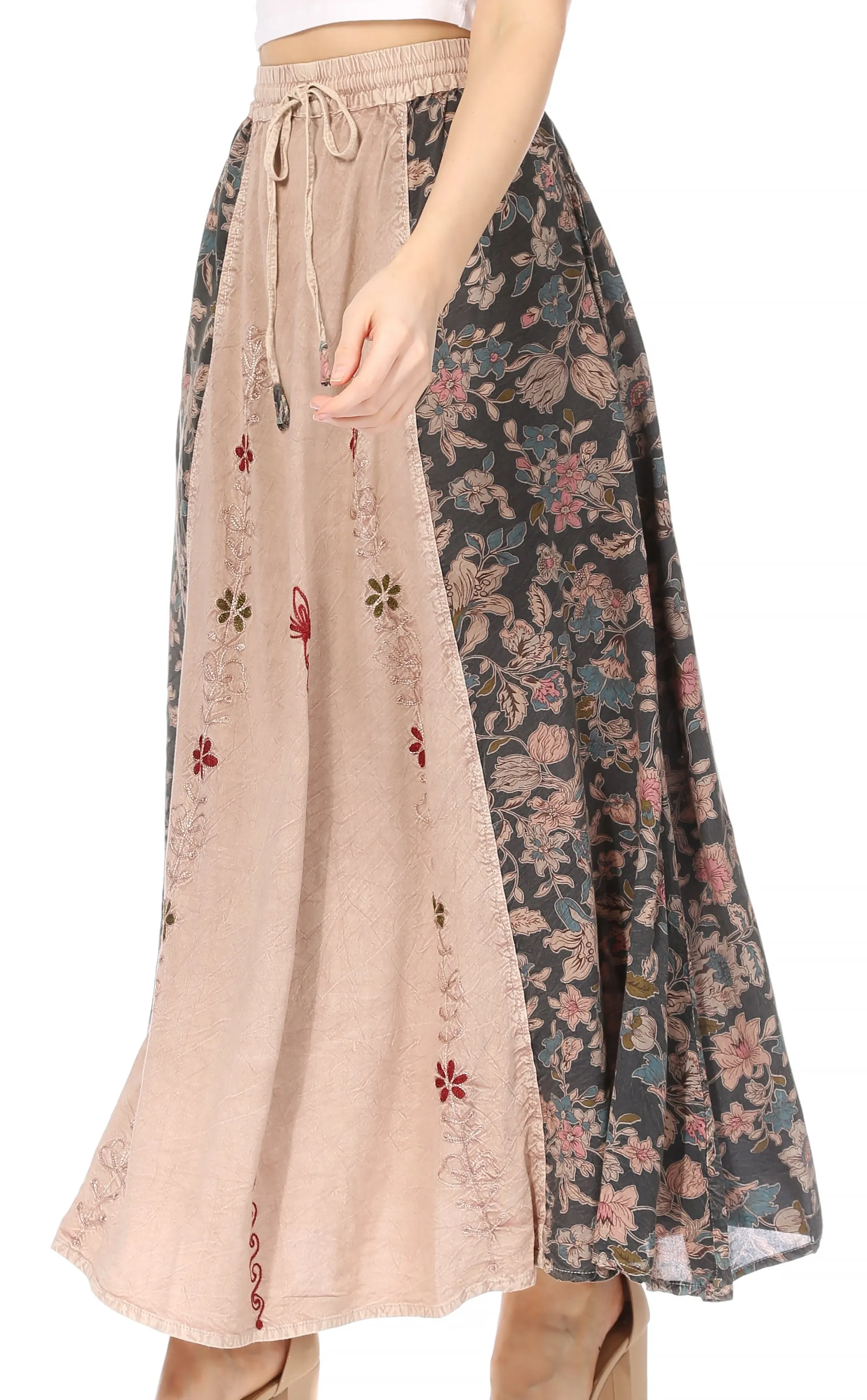 Sakkas Maran Women's Boho Embroidery Skirt with Lace Elastic Waist and Pockets