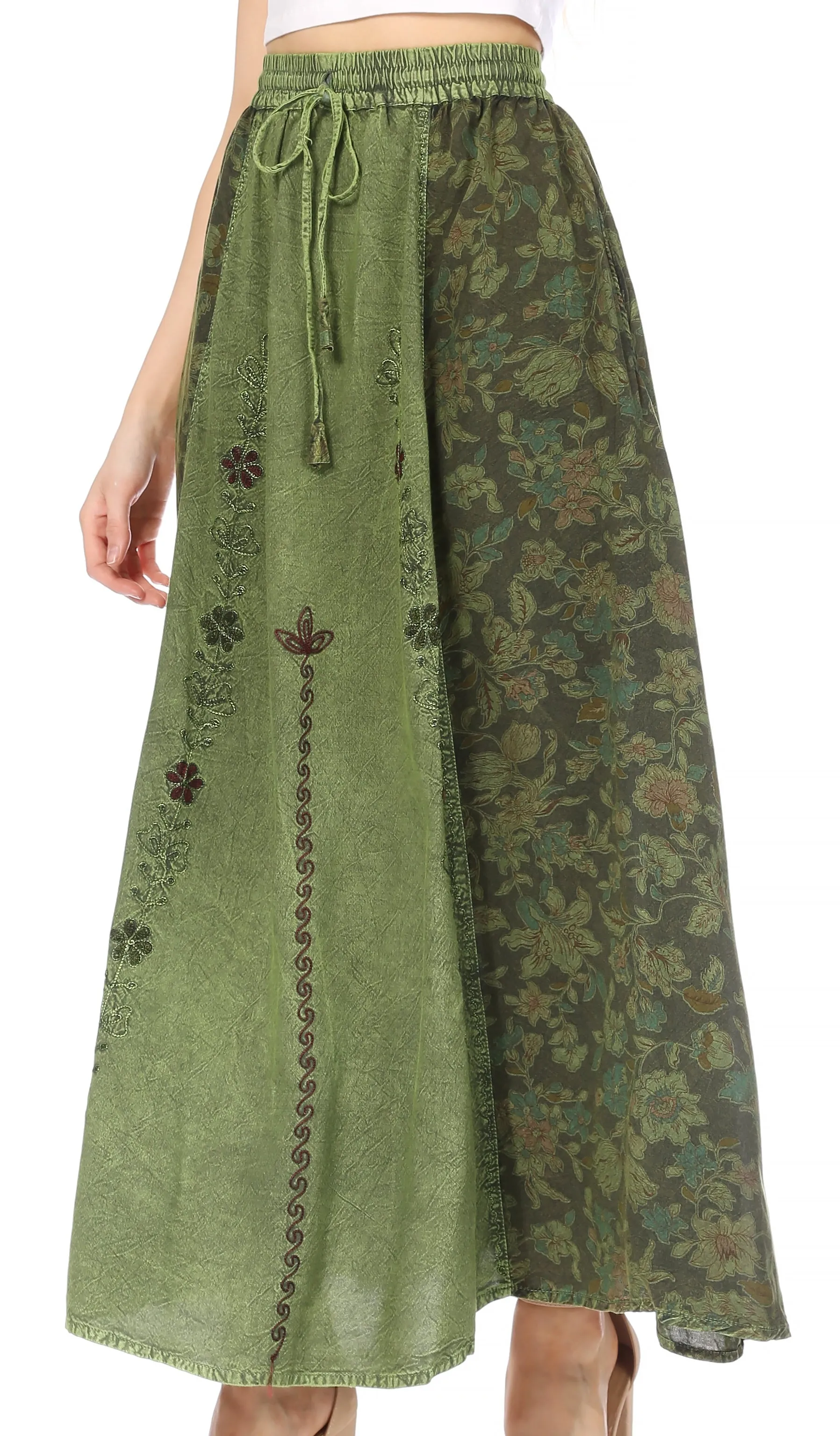 Sakkas Maran Women's Boho Embroidery Skirt with Lace Elastic Waist and Pockets