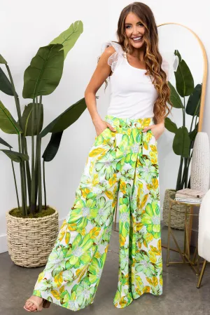 She Sky Lime Floral Print Wide Leg Flowy Pants