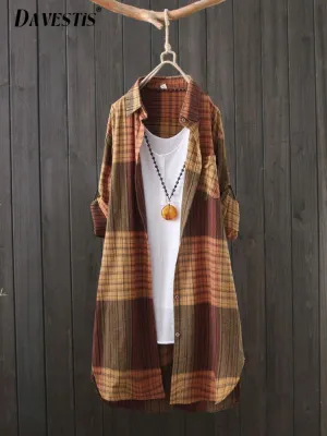 Spring Summer Striped Plaid Loose Long Blouses