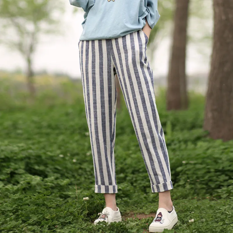 Stripe Summer Linen Summer  Women Casual Pants with Pockets SXM97244