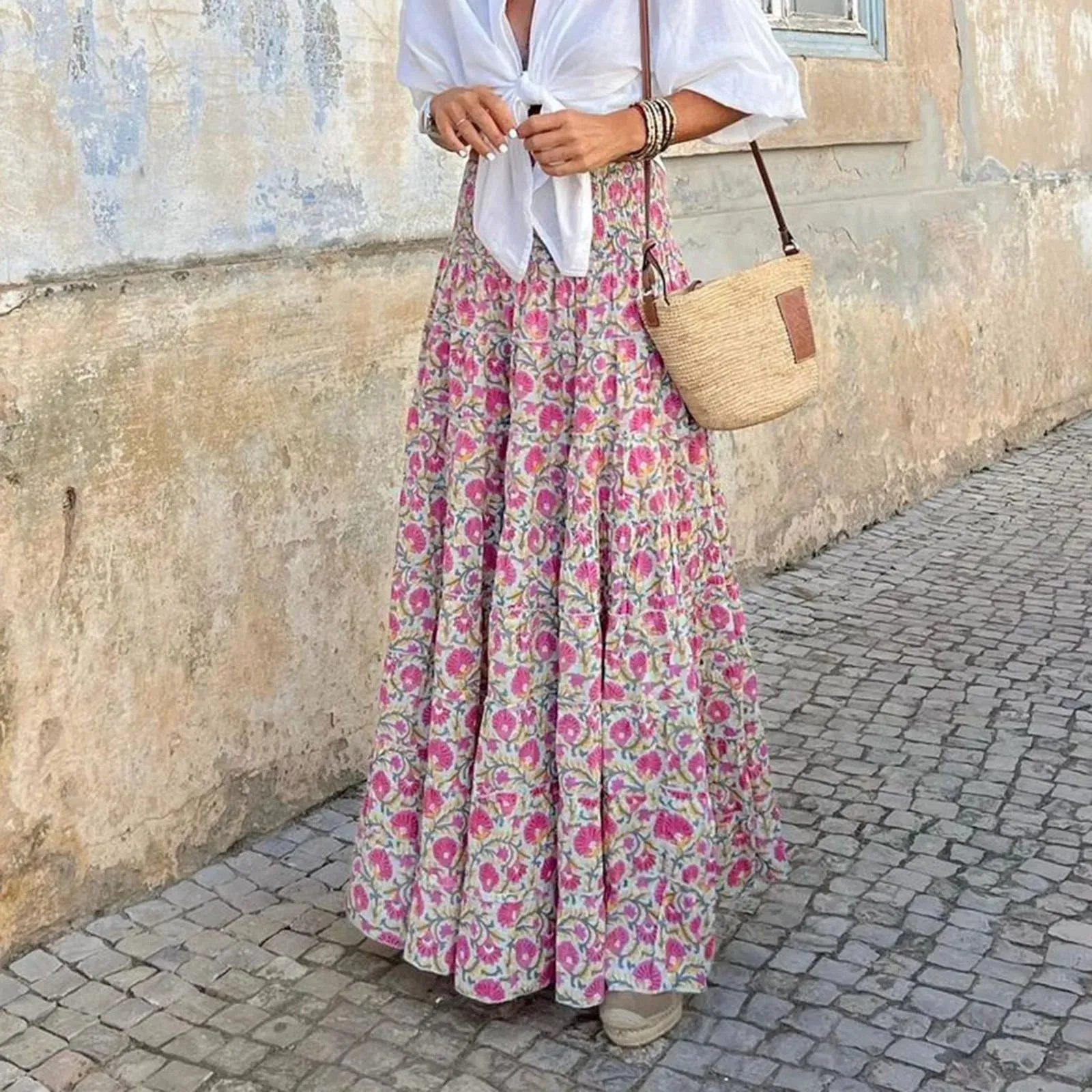 Summer Sweet Pink Bohemian Floral Print Long Ladies Elastic High Waist Maxi Casual Drawstring Women's Skirt