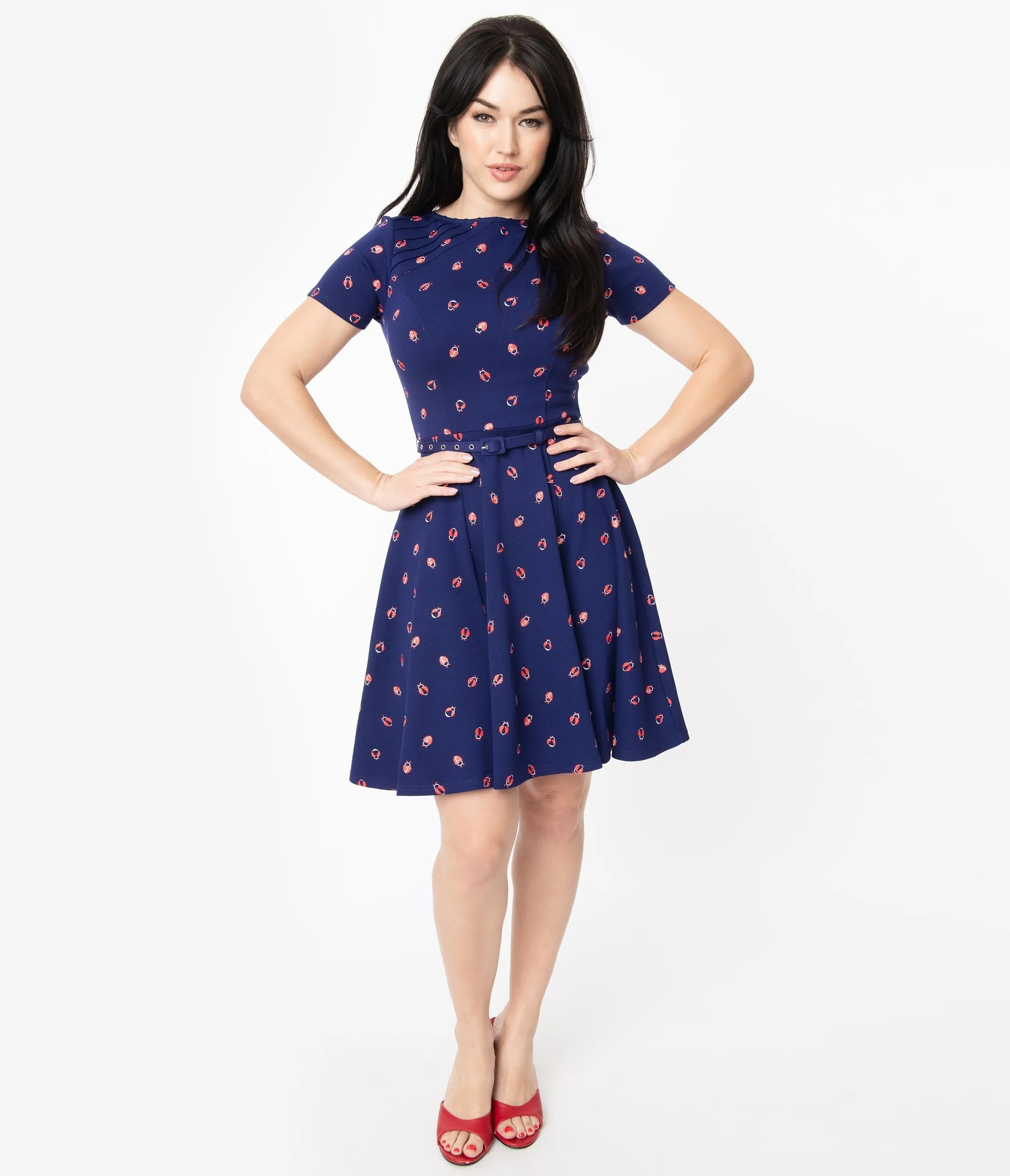 Unique Vintage Navy Ladybug Short Sleeve Stephanie Fit & Flare Dress