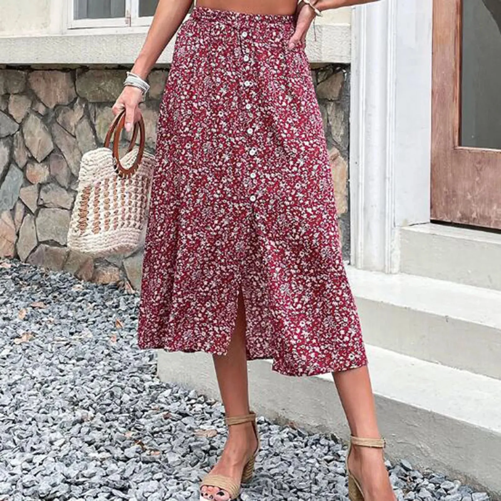 Vintage Bohemian Style Casual Buttons Vacation 2024 Summer Skirt