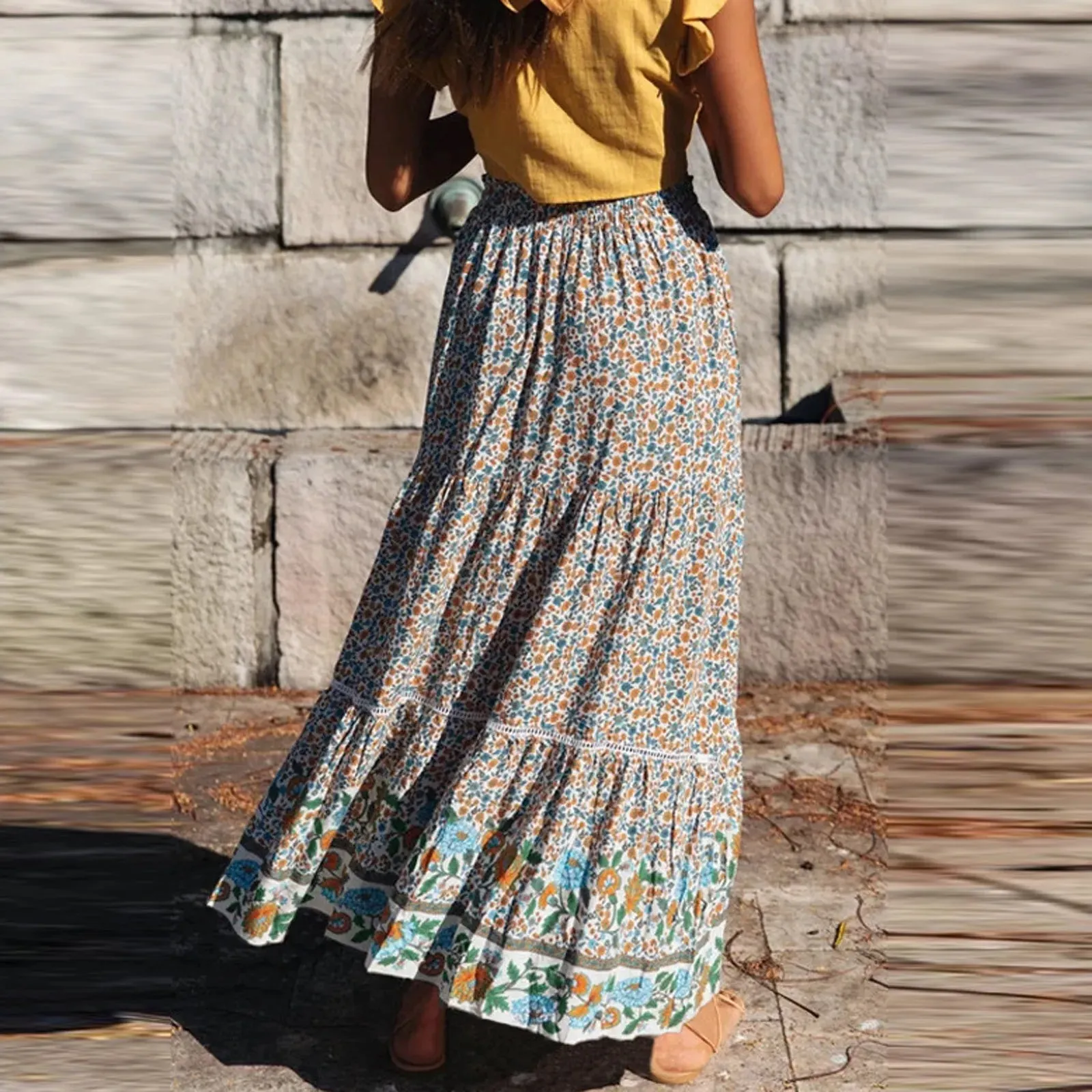 Vintage Ruffles Patchwork Bohemian Maxi Skirt Stretch High Waist Floral Print Swing Umbrella Summer Skirt