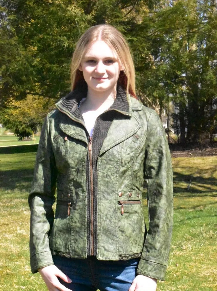 Women's Faux leather Jacket-BF1701-WGRN/OLIVE