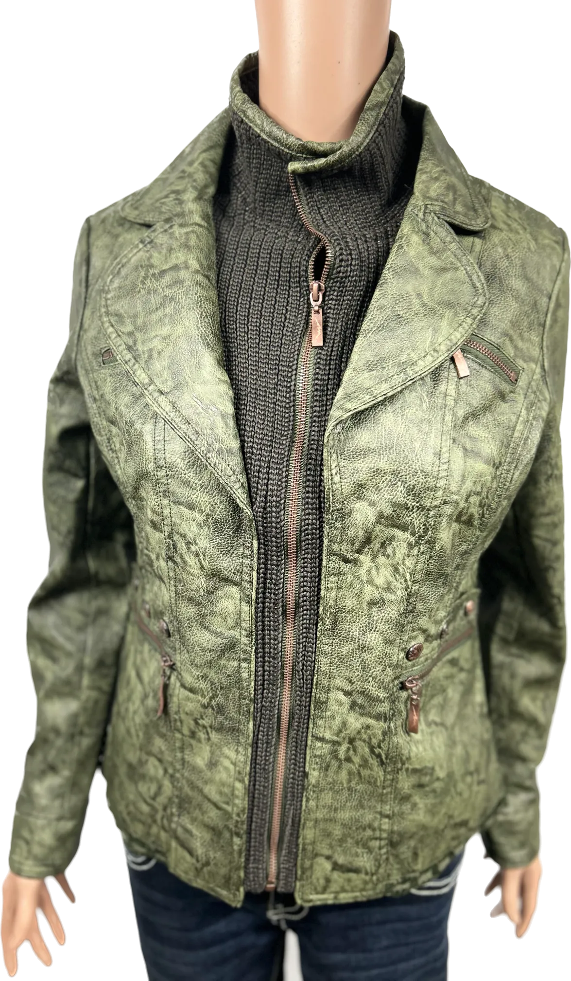 Women's Faux leather Jacket-BF1701-WGRN/OLIVE