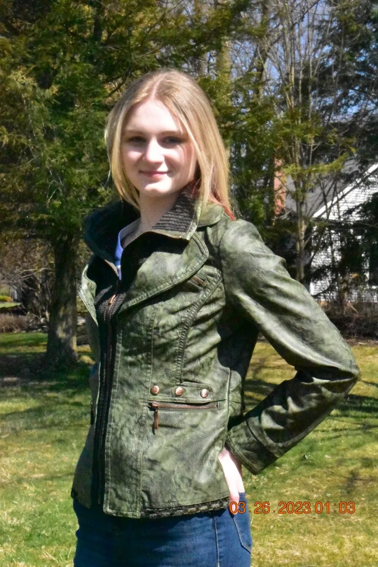 Women's Faux leather Jacket-BF1701-WGRN/OLIVE